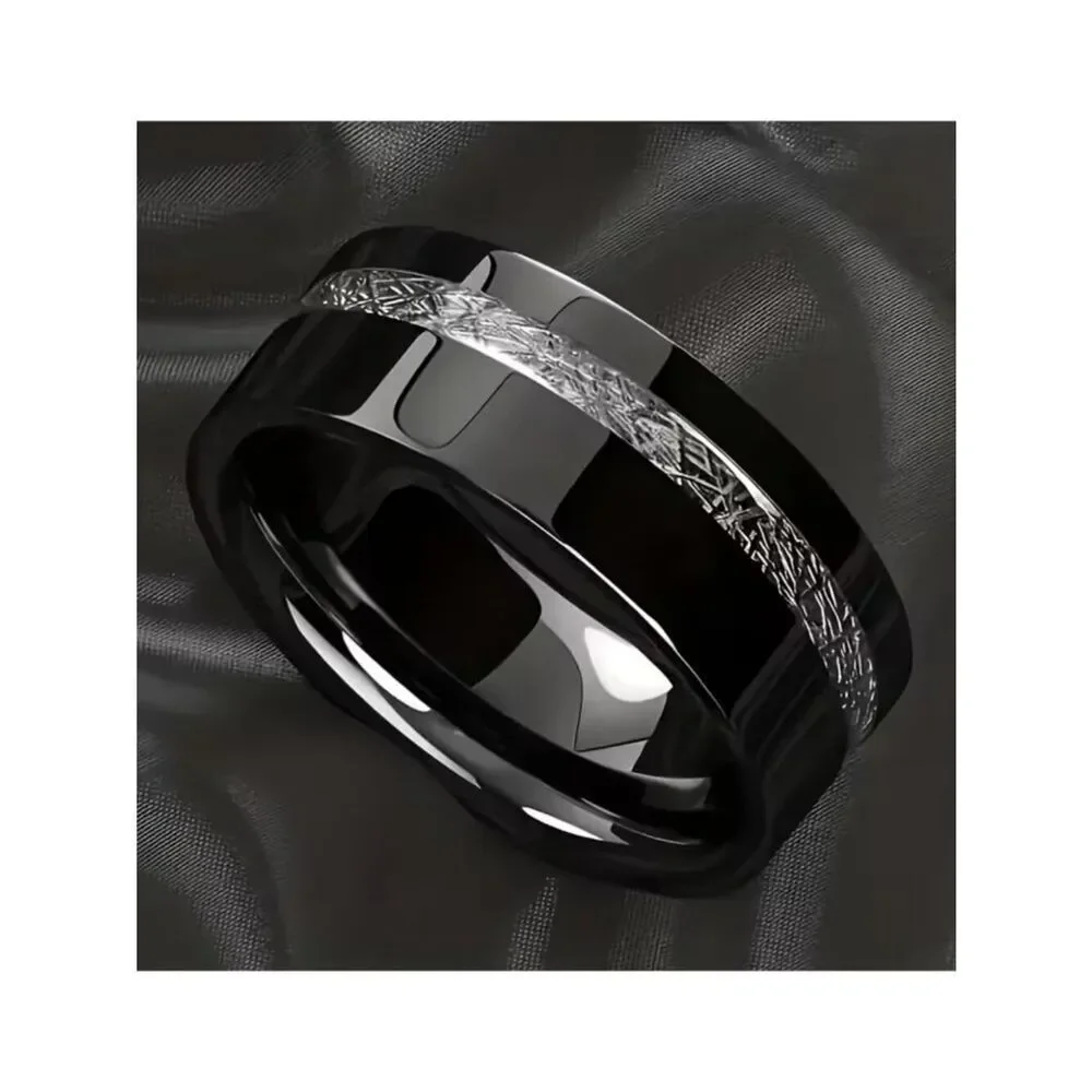 NWT Men's 8mm Black Stainless Steel Sequin Mosaic Inlay Wedding Band Ring